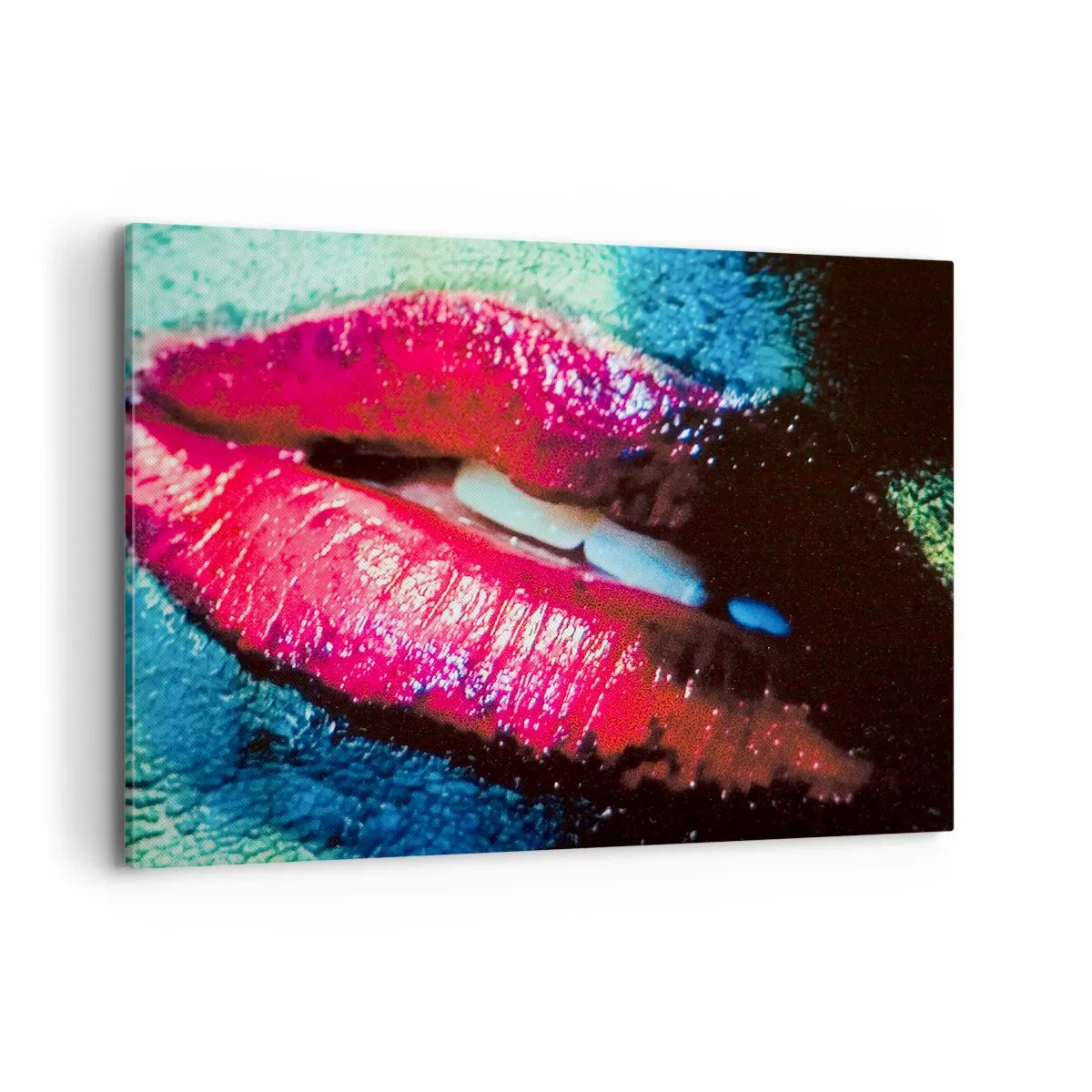 Impression sur toile - Image sur toile - Gros plan de lèvres colorées et brillantes sur un fond artistique - 100x70cm - Sensuel et dérangeant - Décoration murale moderne pour le salon et la chambre ARTTOR