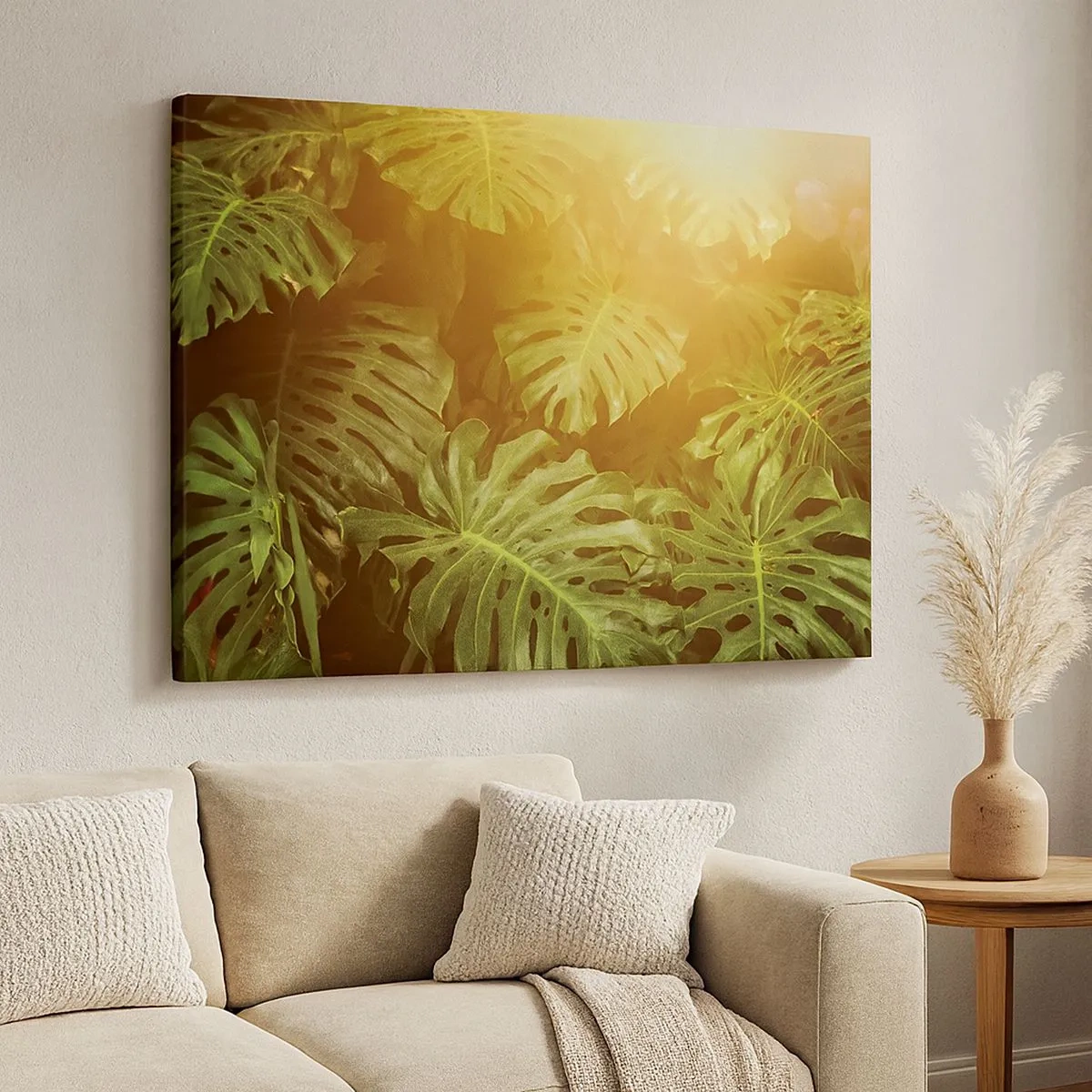 Impression sur toile - Image sur toile - Feuilles de Monstera au soleil sur fond naturel - 70x50cm - Se fondre dans la verdure - Décoration murale moderne pour le salon et la chambre ARTTOR