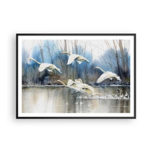 Affiche dans un cadre noir - Poster - Cygnes en vol au-dessus d'un lac gelé dans un paysage hivernal - 100x70cm - Comme dans un conte de fées sur les cygnes sauvages - Décoration murale moderne pour le salon et la chambre ARTTOR