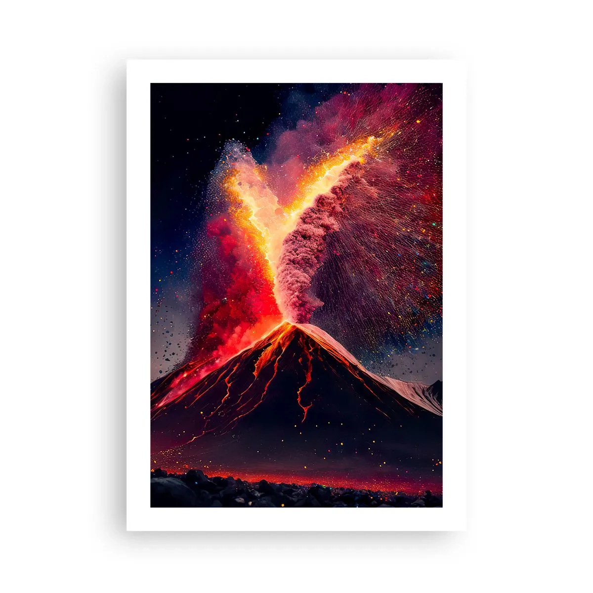 Affiche - Poster - Un volcan en éruption dans un paysage nocturne - 50x70cm - Beauté et horreur - Décoration murale moderne pour le salon et la chambre ARTTOR