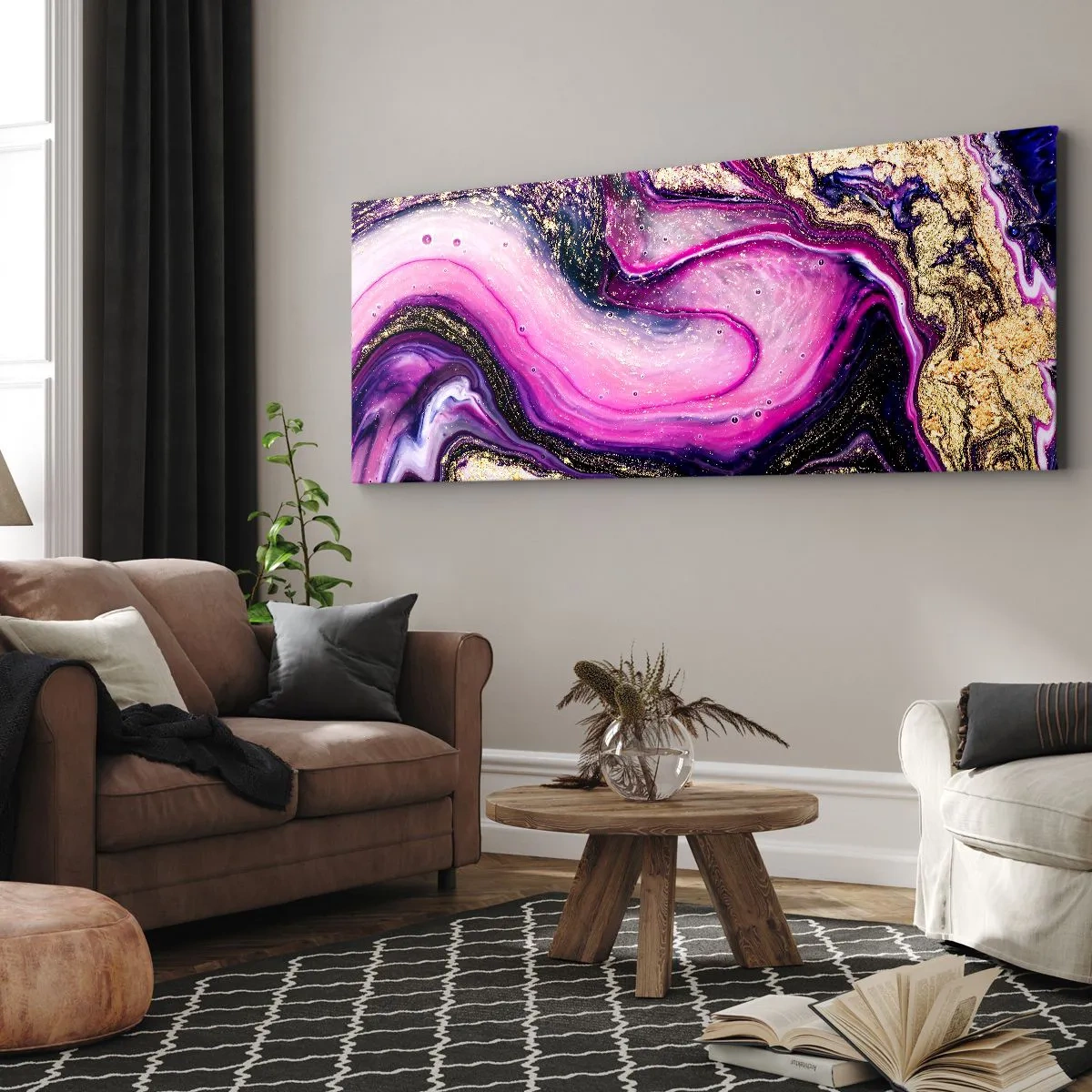 Impression sur toile - Image sur toile - Vagues abstraites dans des tons violets et dorés - 140x50cm - Un instant dans les coulisses - Décoration murale moderne pour le salon et la chambre ARTTOR
