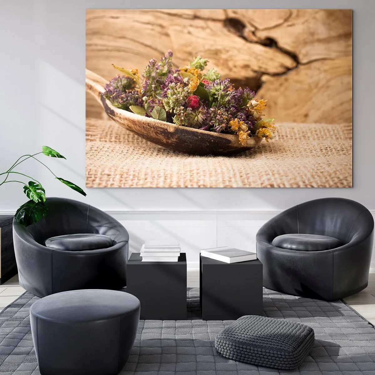Impression sur verre - Image sur verre - Herbes séchées dans une cuillère en bois sur un fond rustique - 100x70cm - Fleurs colorées et herbes parfumées - Décoration murale moderne pour le salon et la chambre ARTTOR