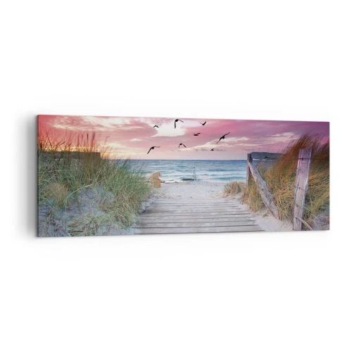 Impression sur toile - Image sur toile - Chemin en bois sur la plage au coucher du soleil rose - 140x50cm - Impression de la Baltique - Décoration murale moderne pour le salon et la chambre ARTTOR