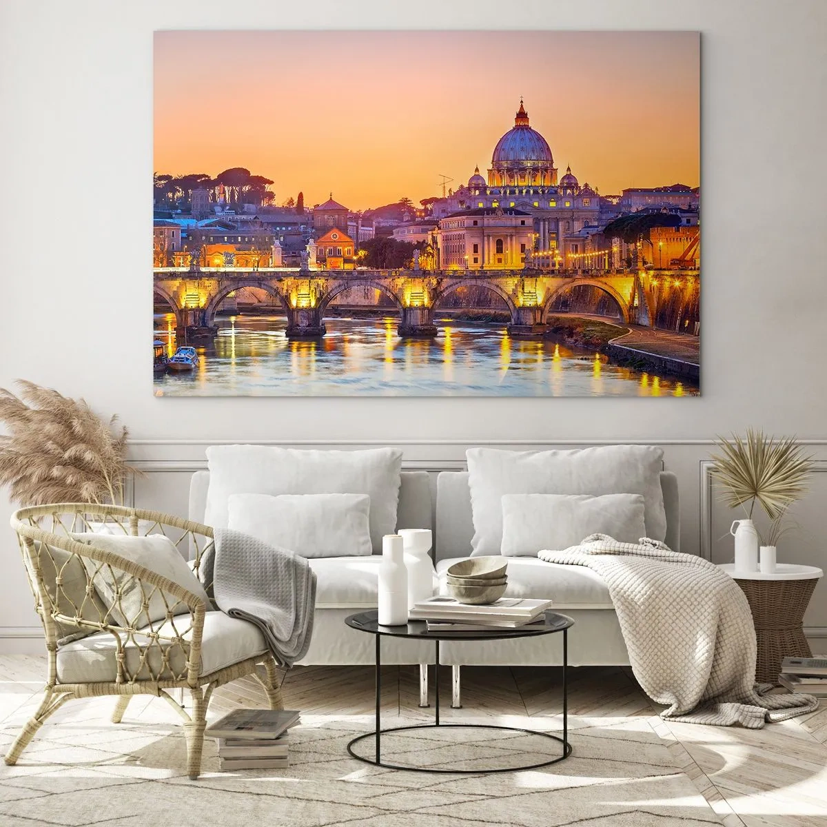 Impression sur verre - Image sur verre - Pont et basilique à Rome au coucher du soleil - 70x50cm - Coucher de soleil sur la ville éternelle - Décoration murale moderne pour le salon et la chambre ARTTOR
