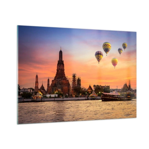 Impression sur verre - Image sur verre - Temple au bord de la rivière au coucher du soleil avec des ballons - 100x70cm - C'est ici que naissent les contes de fées - Décoration murale moderne pour le salon et la chambre ARTTOR