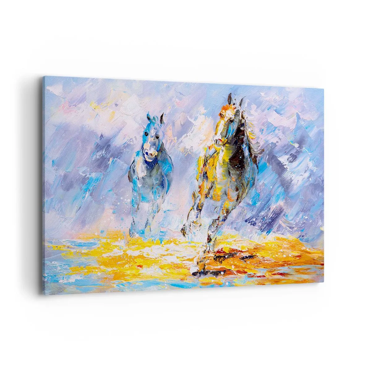 Impression sur toile - Image sur toile - Deux chevaux en mouvement sur fond de paysage abstrait - 120x80cm - À travers l'éblouissement du galop - Décoration murale moderne pour le salon et la chambre ARTTOR
