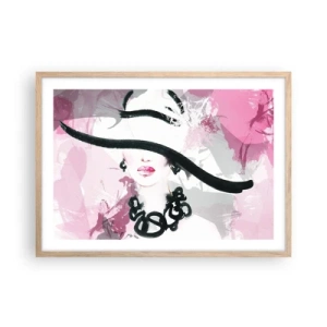 Affiche dans un chêne clair - Poster - Portrait d'une dame en noir et rose - 70x50 cm