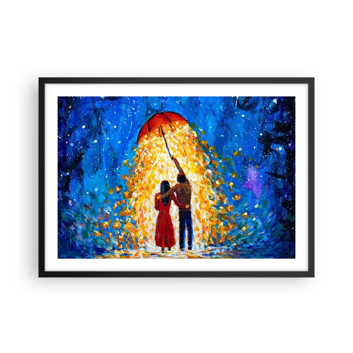 Affiche dans un cadre noir - Poster - Un couple sous un parapluie rouge sous la pluie lumineuse - 70x50cm - La magie d'une soirée pluvieuse ? - Décoration murale moderne pour le salon et la chambre ARTTOR