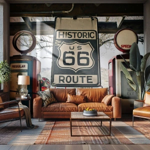 Papier Peint Photo Premium Canvas - Voyage rétro américain - Ancien, Route 66, Route 66 - 300x210 cm