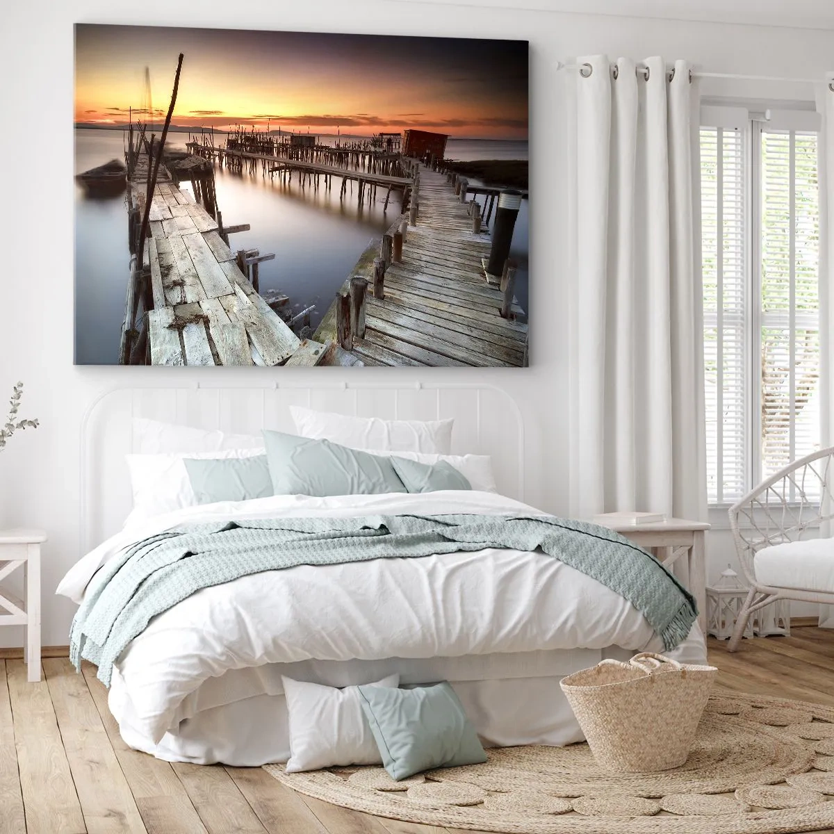 Impression sur toile - Image sur toile - Jetées en bois sur une eau calme au coucher du soleil - 120x80cm - Authentique, pas un attrape touristique - Décoration murale moderne pour le salon et la chambre ARTTOR