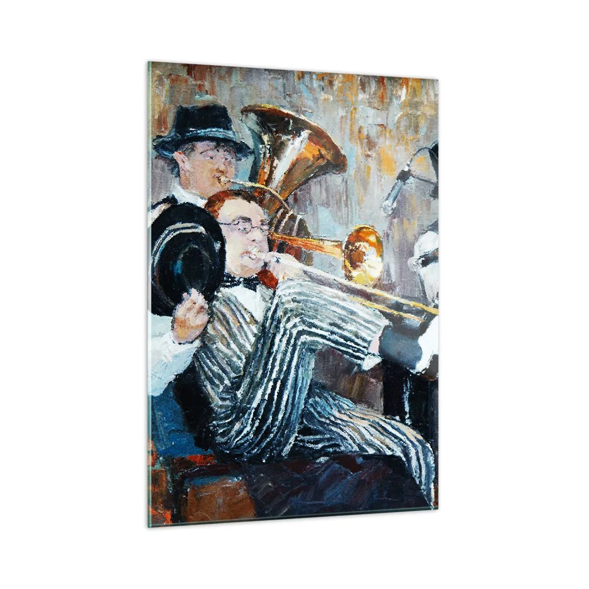 Impression sur verre - Image sur verre - Un groupe de jazz dans une scène impressionniste atmosphérique - 50x70cm - C'est tout le Jazz - Décoration murale moderne pour le salon et la chambre ARTTOR