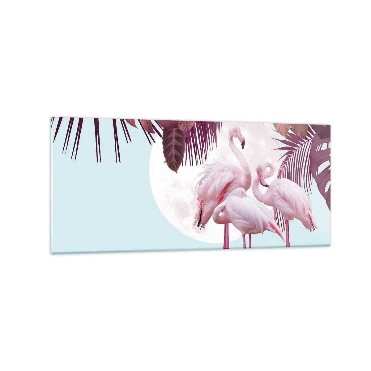 Impression sur verre - Image sur verre - Flamants roses sur fond de lune et de feuilles tropicales - 120x50cm - Trois oiseaux gracieux - Décoration murale moderne pour le salon et la chambre ARTTOR