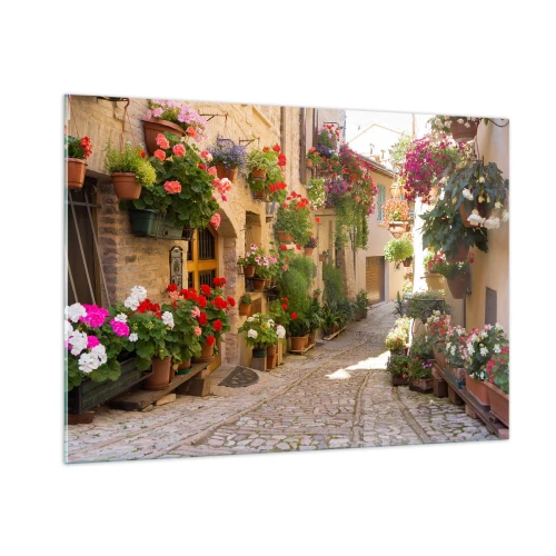 Impression sur verre - Image sur verre - Une rue pittoresque avec des fleurs en pot - 100x70cm - Une inondation de fleurs - Décoration murale moderne pour le salon et la chambre ARTTOR