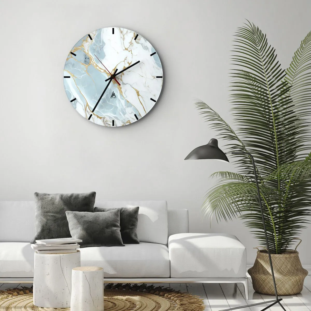 Horloge murale - Pendule murale - Marbre bleu et blanc avec des veines dorées partout - 30x30cm - Richesse en pierre - Décoration murale moderne pour le salon, la cuisine et la chambre ARTTOR