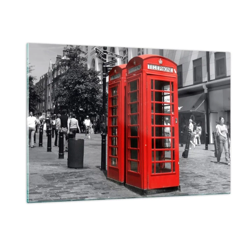 Impression sur verre - Image sur verre - Cabines téléphoniques rouges dans une rue de Londres - 120x80cm - Cabines téléphoniques rouges - Décoration murale moderne pour le salon et la chambre ARTTOR