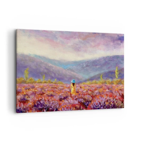 Impression sur toile - Image sur toile - Une femme portant un chapeau marchant dans un champ de lavande. - 120x80cm - Dans un monde lavande - Décoration murale moderne pour le salon et la chambre ARTTOR