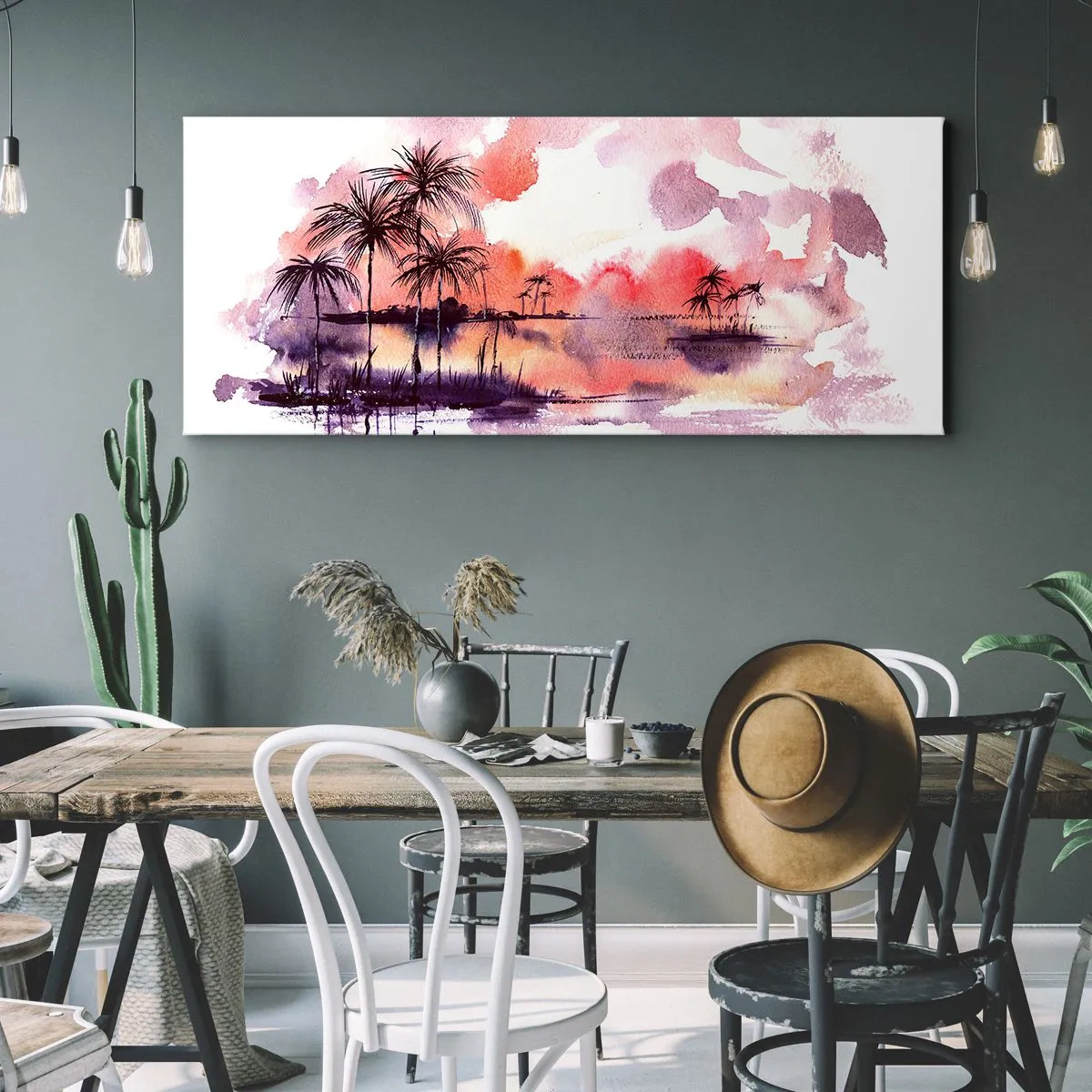 Impression sur toile - Image sur toile - Paysage tropical avec palmiers au coucher du soleil à l'aquarelle - 120x50cm - La tranquillité des tropiques en rouge - Décoration murale moderne pour le salon et la chambre ARTTOR