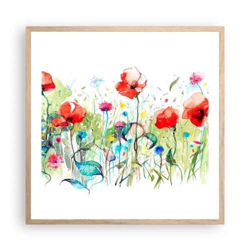 Affiche dans un chêne clair - Poster - Prairie de fleurs en mai - 60x60 cm