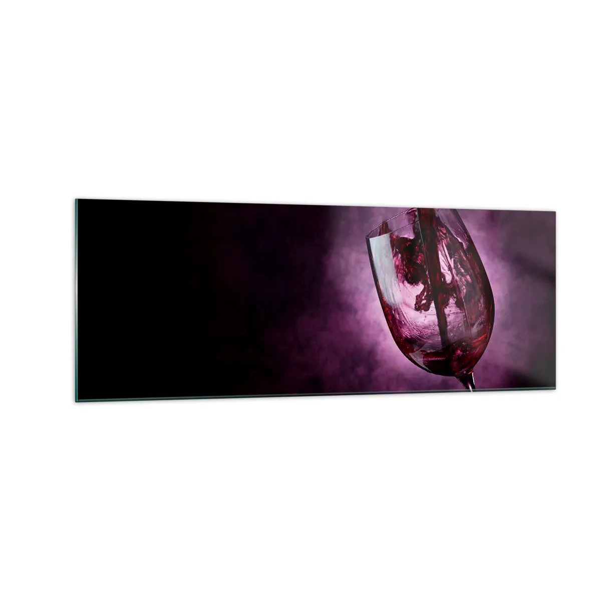 Impression sur verre - Image sur verre - Du vin rouge versé dans un verre sur fond de fumée violette - 140x50cm - Écarlate? Carmin? Non, rubis. - Décoration murale moderne pour le salon et la chambre ARTTOR