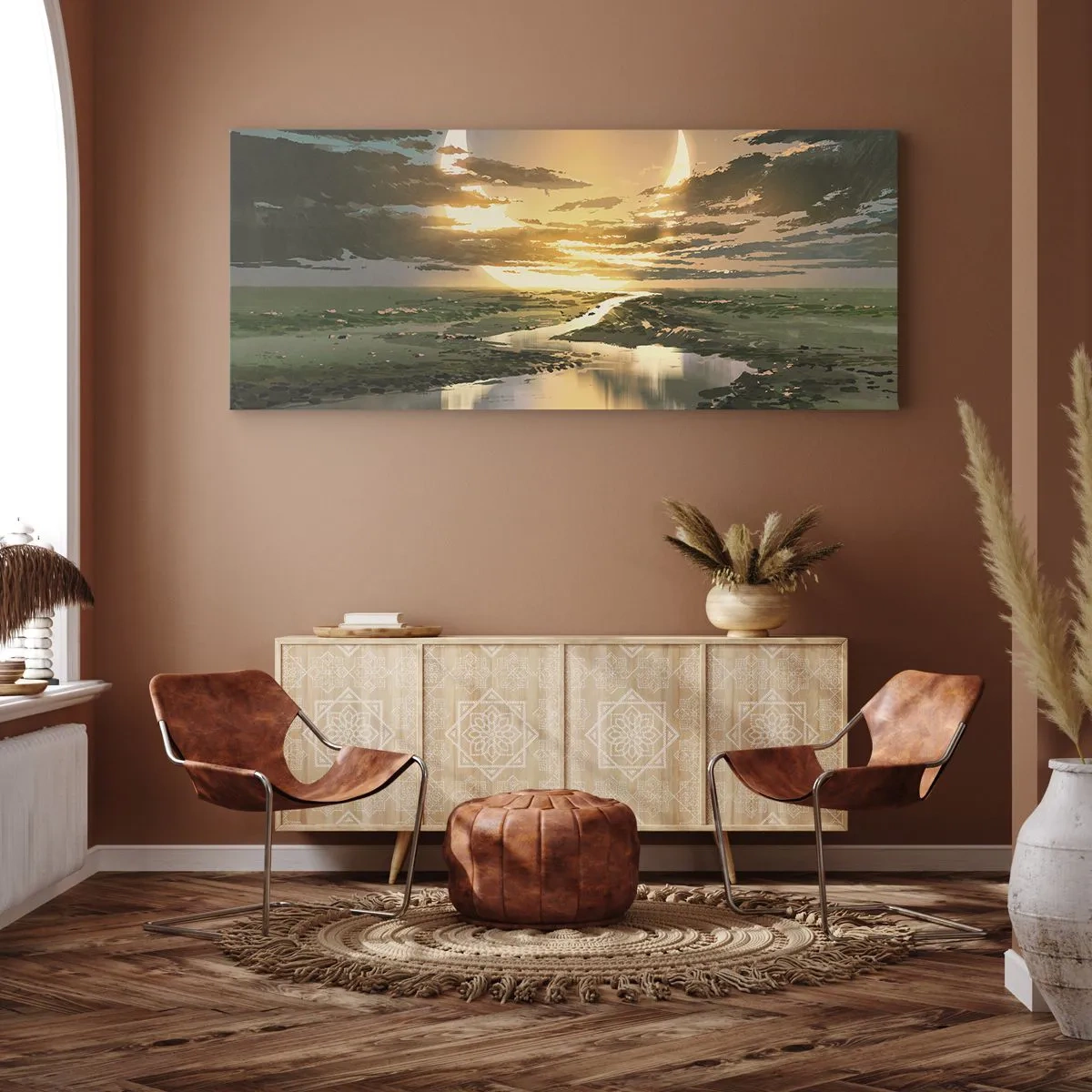 Impression sur toile - Image sur toile - Un paysage fantastique avec deux lunes à l'horizon - 120x50cm - Quelque part dans une galaxie lointaine, très lointaine - Décoration murale moderne pour le salon et la chambre ARTTOR