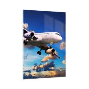 Impression sur verre - Image sur verre - Un avion de ligne contre les nuages au coucher du soleil - 70x100cm - Un voyage en blanc et bleu ciel - Décoration murale moderne pour le salon et la chambre ARTTOR