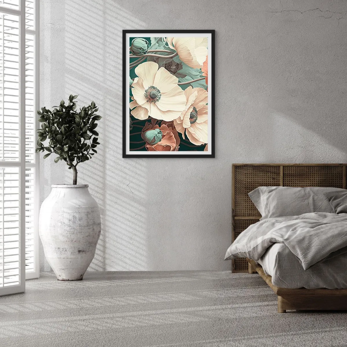 Affiche dans un cadre noir - Poster - Fleurs délicates aux tons pastel sur fond sombre - 50x70cm - Le murmure des coquelicots - Décoration murale moderne pour le salon et la chambre ARTTOR