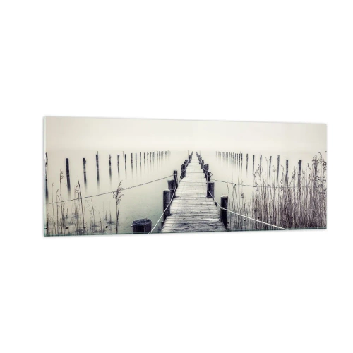 Impression sur verre - Image sur verre - Un pont en bois menant à un espace brumeux - 140x50cm - Plongez dans la paix - Décoration murale moderne pour le salon et la chambre ARTTOR