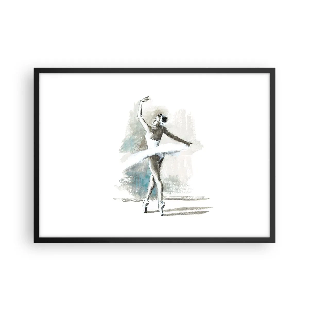 Affiche dans un cadre noir - Poster - Une danseuse de ballet dans une pose de ballet sur un fond de tons aquarelle délicats. - 70x50cm - Enchantement du cygne - Décoration murale moderne pour le salon et la chambre ARTTOR