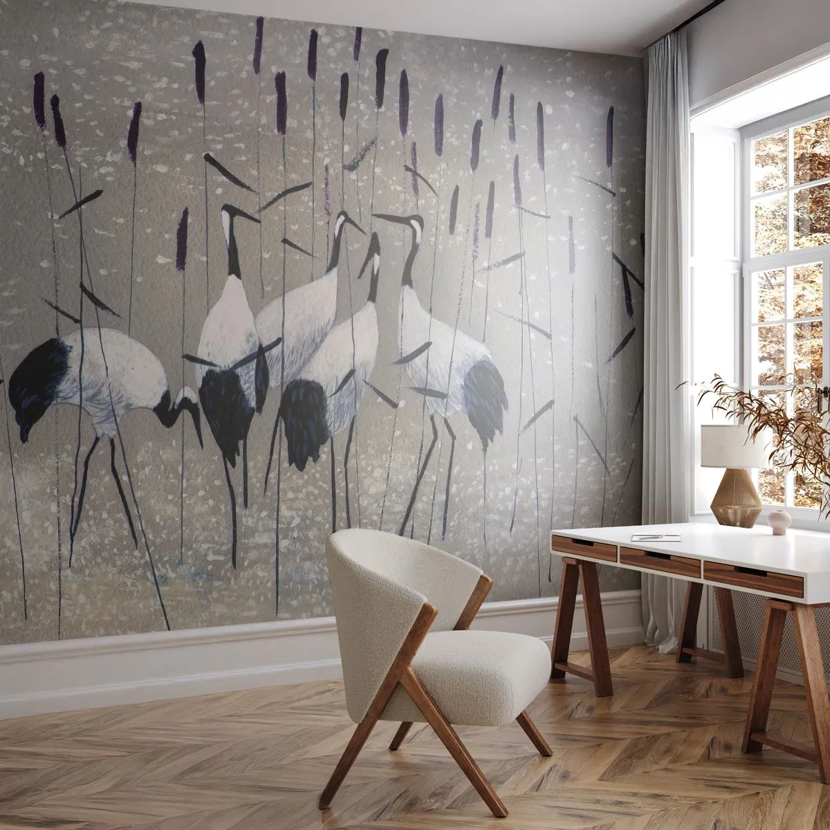 Papier Peint Autocollant Deluxe Sticker - Parmi les siens - Grue, Oiseau, Nature - 250x175 cm
