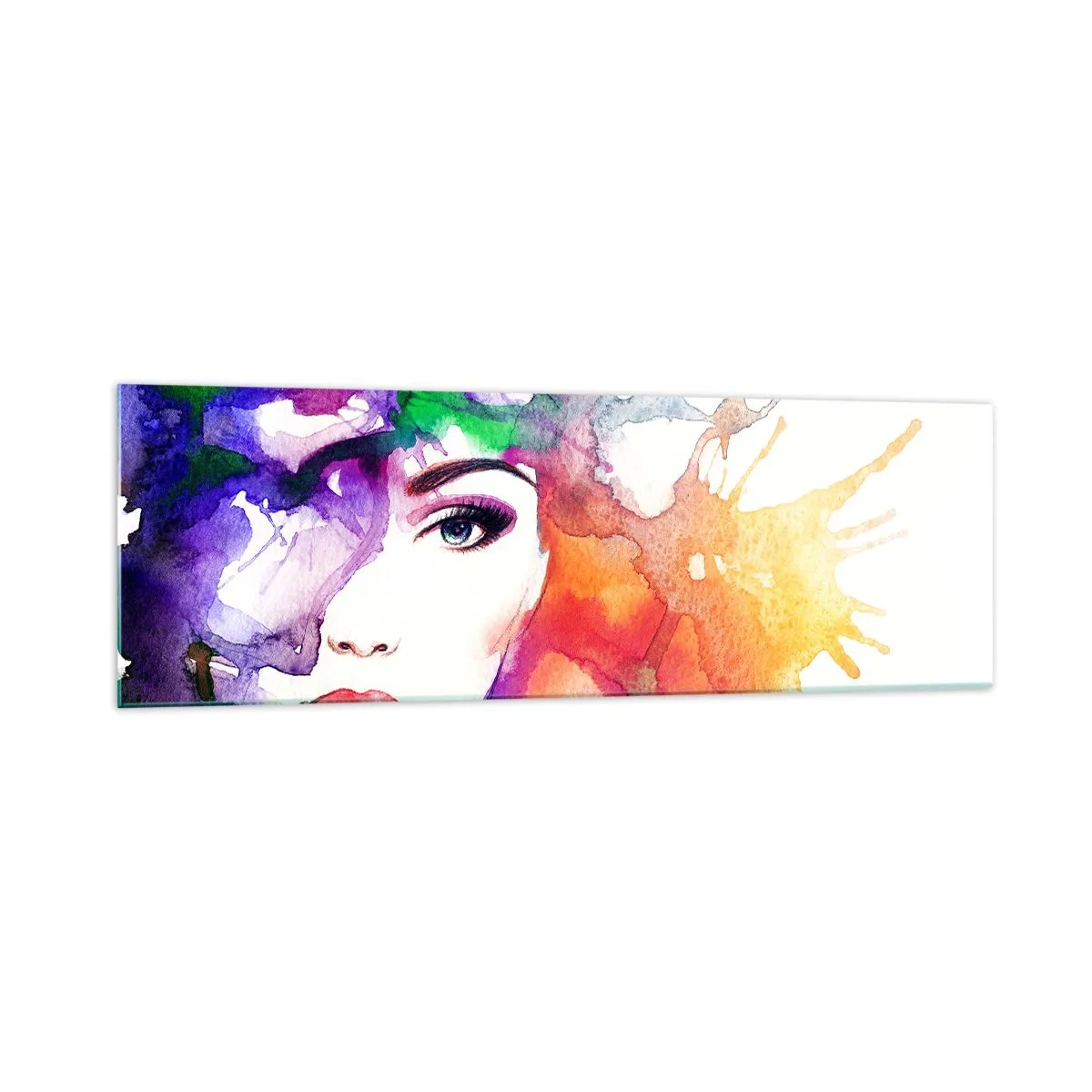 Impression sur verre - Image sur verre - Portrait d'une femme aux couleurs aquarelles avec des taches abstraites - 160x50cm - Avec la tête dans les nuages - Décoration murale moderne pour le salon et la chambre ARTTOR