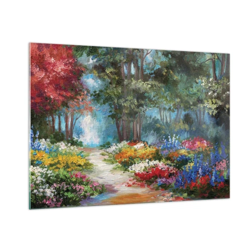 Impression sur verre - Image sur verre - Un jardin forestier coloré avec des fleurs en fleurs - 100x70cm - Jardin forestier, forêt de fleurs - Décoration murale moderne pour le salon et la chambre ARTTOR