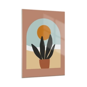 Impression sur verre - Image sur verre - Une scène abstraite avec une plante en pot et le soleil en arrière-plan, dans des couleurs pastel. - 50x70cm - Petits bonheurs - Décoration murale moderne pour le salon et la chambre ARTTOR