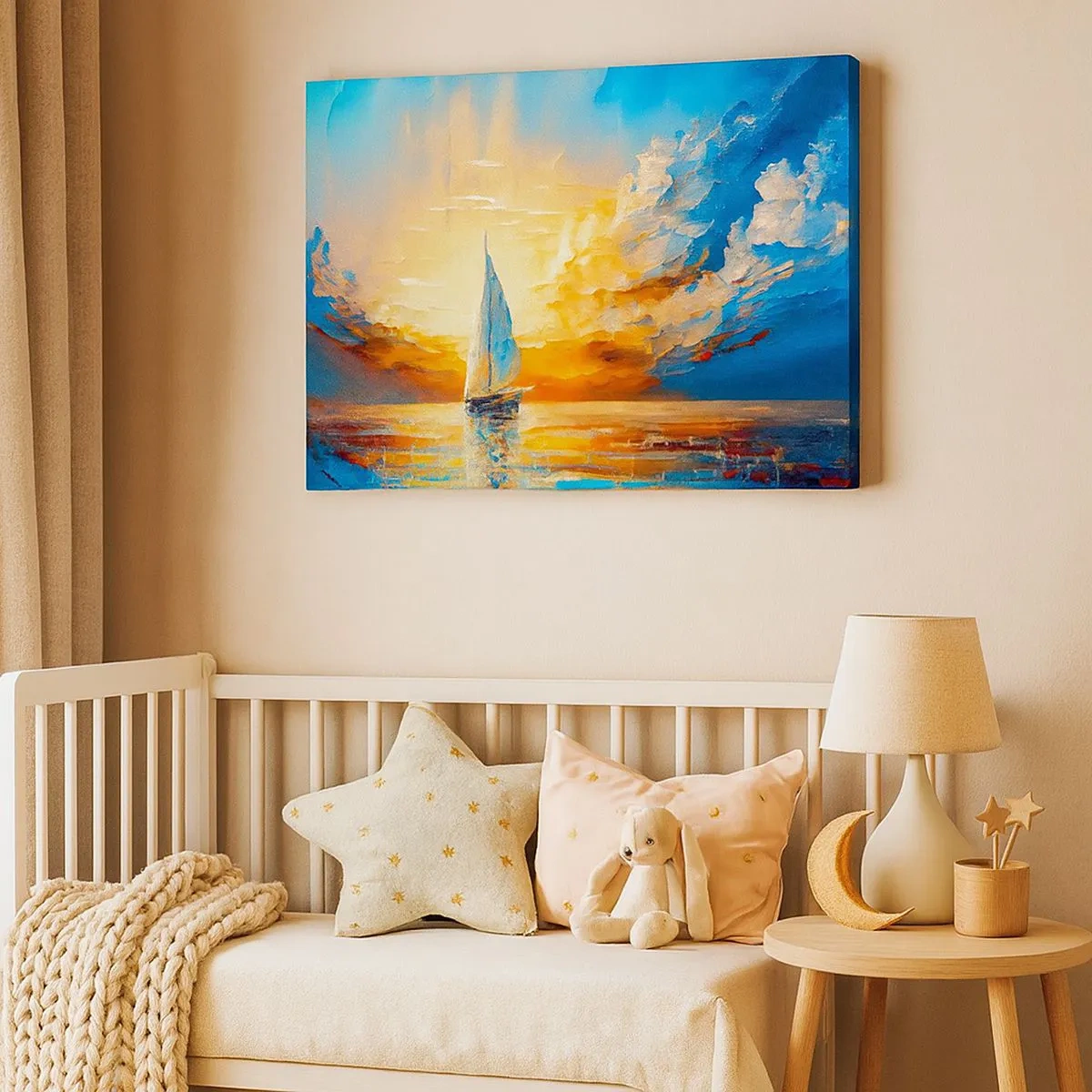 Impression sur toile - Image sur toile - Un voilier sur fond de soleil couchant et de nuages colorés - 70x50cm - Expédition en or - Décoration murale moderne pour le salon et la chambre ARTTOR