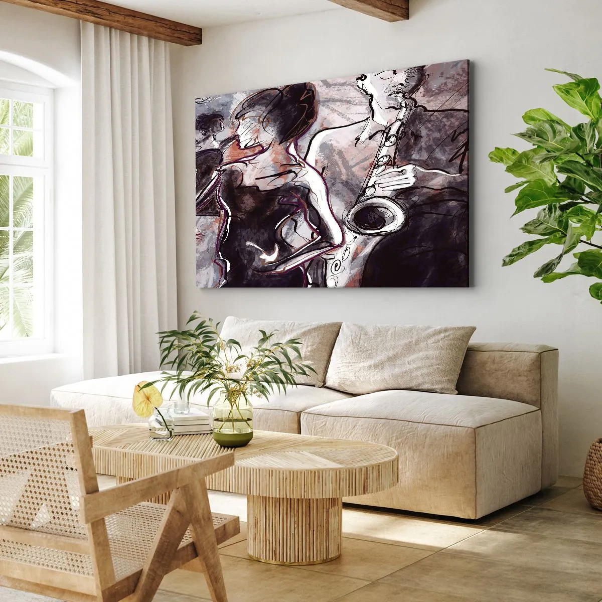 Impression sur toile - Image sur toile - Scène de jazz abstraite avec un saxophoniste et une femme dansante. - 70x50cm - Ne faire qu'un avec la musique - Décoration murale moderne pour le salon et la chambre ARTTOR