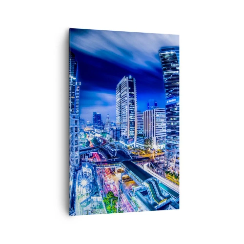 Impression sur toile - Image sur toile - Panorama nocturne de la ville avec gratte-ciels et lampadaires - 80x120cm - Rythmes de la ville nocturne - Décoration murale moderne pour le salon et la chambre ARTTOR