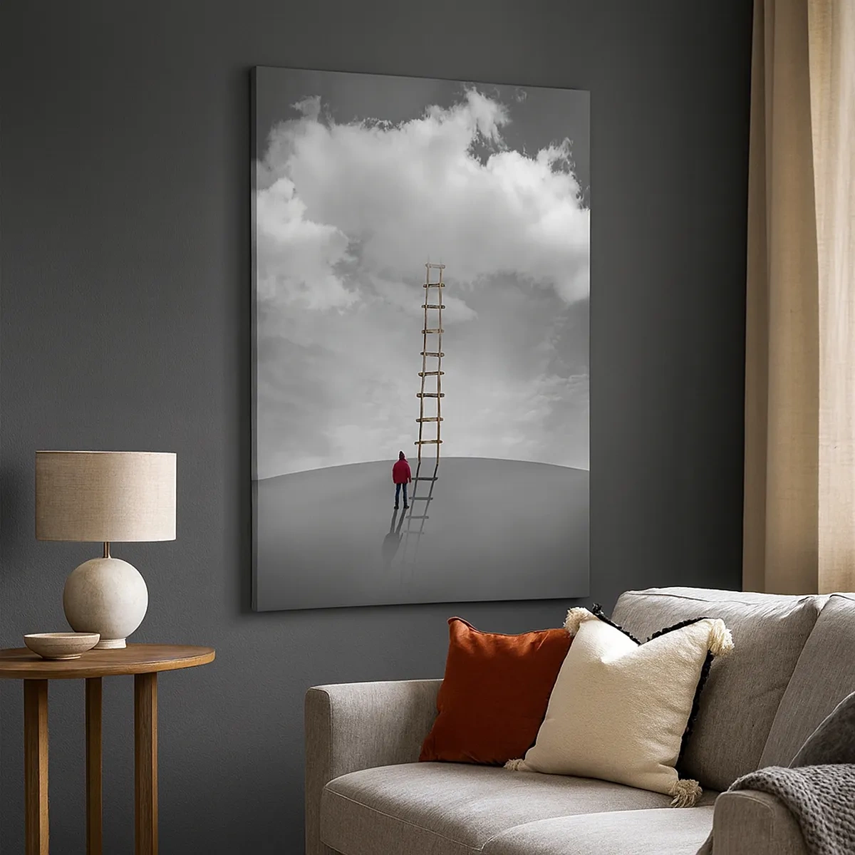 Impression sur toile - Image sur toile - Une personne portant un manteau rouge et une échelle menant à un nuage - 50x70cm - Tout est possible - Décoration murale moderne pour le salon et la chambre ARTTOR