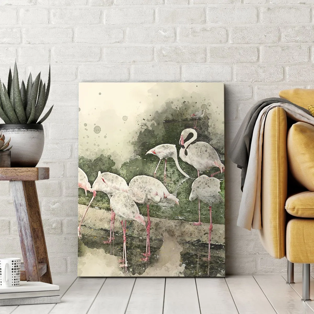 Impression sur toile - Image sur toile - Flamants roses dans leur environnement naturel dans un style aquarelle - 50x70cm - Rêve exotique - Décoration murale moderne pour le salon et la chambre ARTTOR
