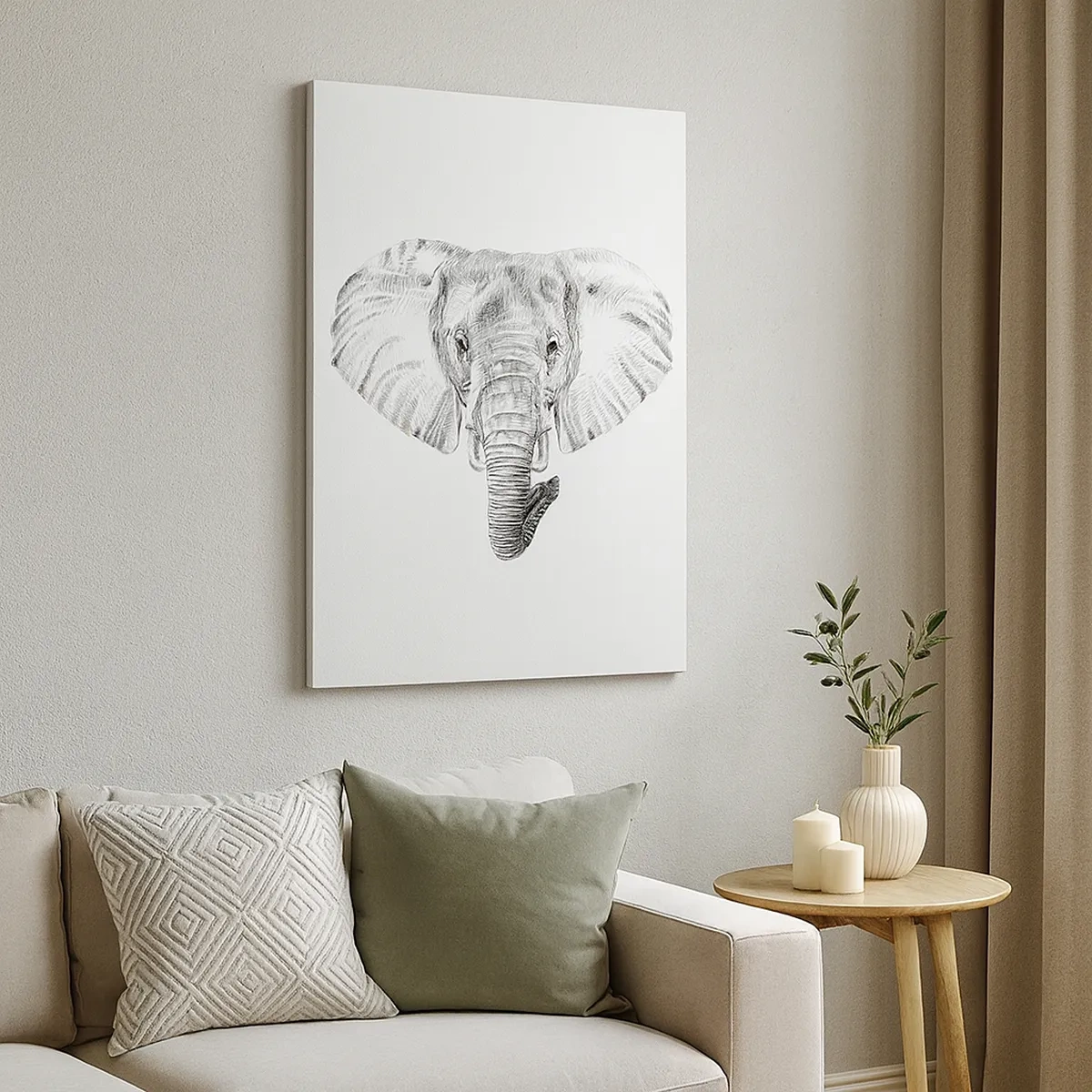 Impression sur toile - Image sur toile - Dessin en noir et blanc d'une tête d'éléphant sur fond blanc - 50x70cm - "Un éléphant ça trompe bien souvent" - Décoration murale moderne pour le salon et la chambre ARTTOR