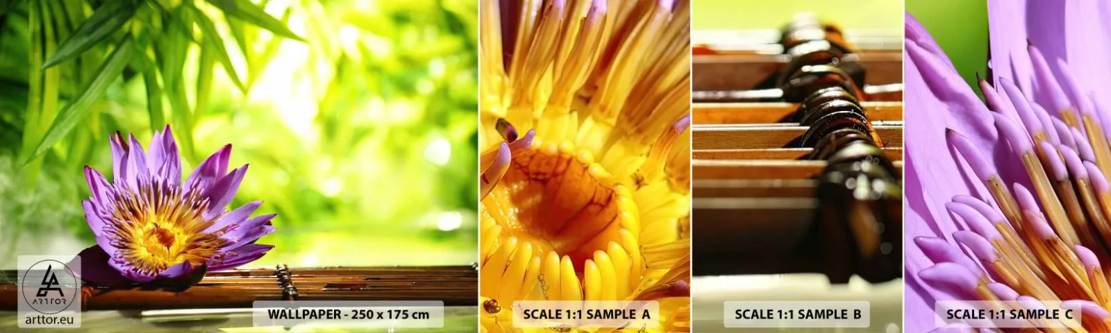 Échantillon De Papier Peint Standard Eco - Sous le soleil asiatique - Fleur, fleur de lotus, Bambou - 100x30 cm