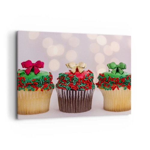 Impression sur toile - Image sur toile - Cupcakes de Noël avec des paillettes et des nœuds colorés - 100x70cm - Une sucrerie après la cocarde - Décoration murale moderne pour le salon et la chambre ARTTOR