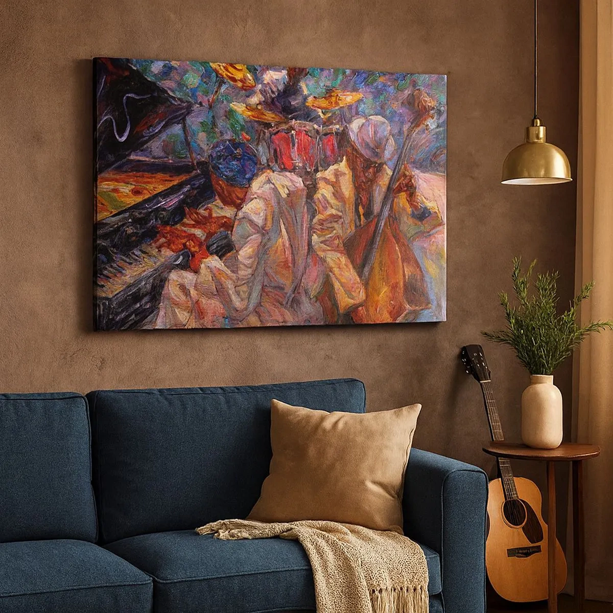 Impression sur toile - Image sur toile - Scène de jazz énergique avec musiciens et instruments - 70x50cm - Dans le même tempo - Décoration murale moderne pour le salon et la chambre ARTTOR