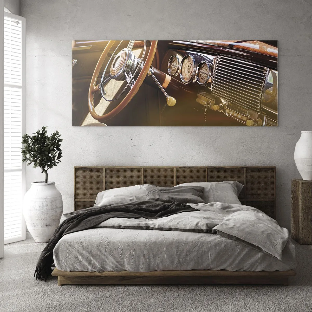 Impression sur verre - Image sur verre - Gros plan de l'intérieur d'une voiture classique avec des détails en bois et en chrome. - 160x50cm - Souffle de luxe venu du passé - Décoration murale moderne pour le salon et la chambre ARTTOR