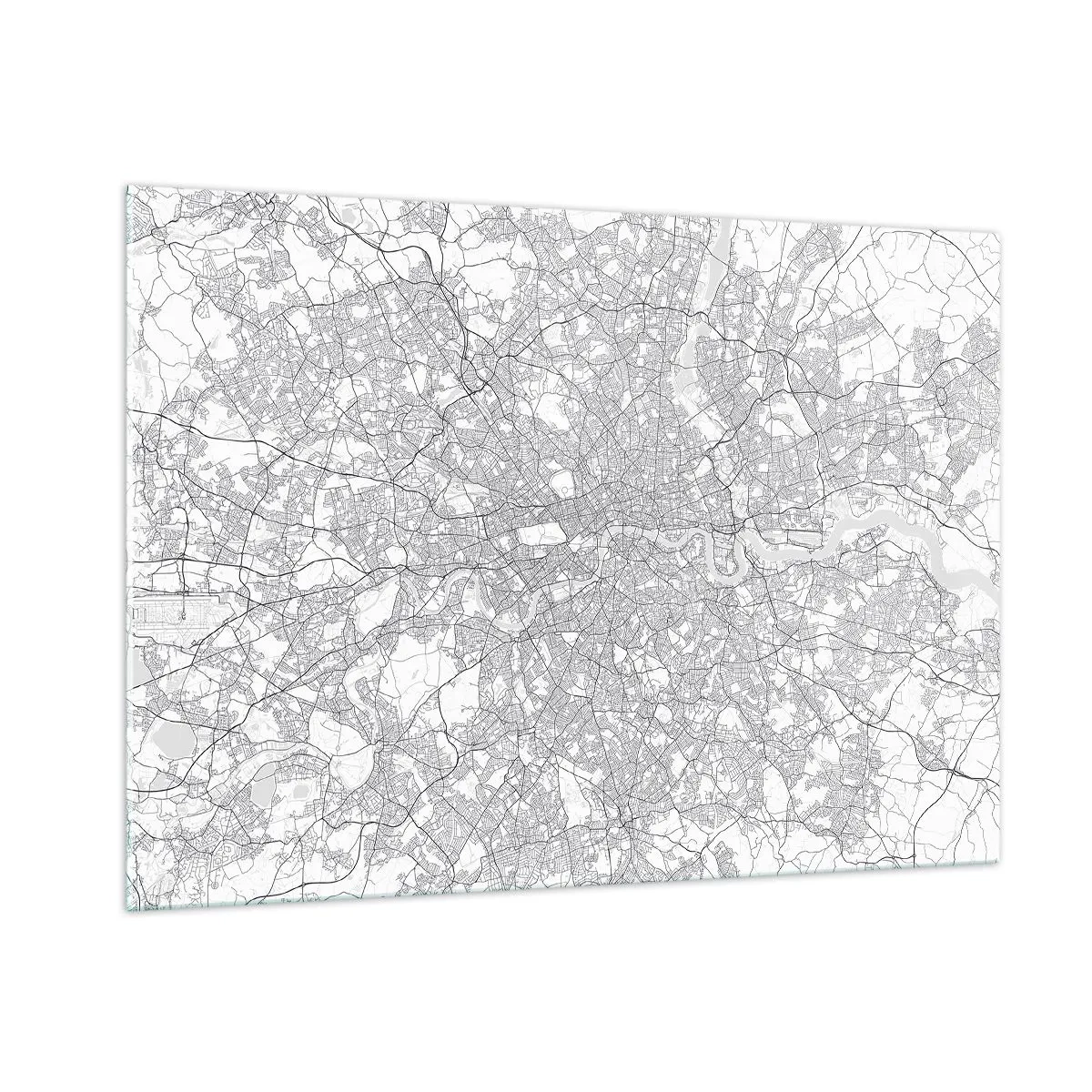 Impression sur verre - Image sur verre - Une carte en noir et blanc avec un quadrillage de rues dense dans un style minimaliste. - 100x70cm - Carte du labyrinthe londonien - Décoration murale moderne pour le salon et la chambre ARTTOR