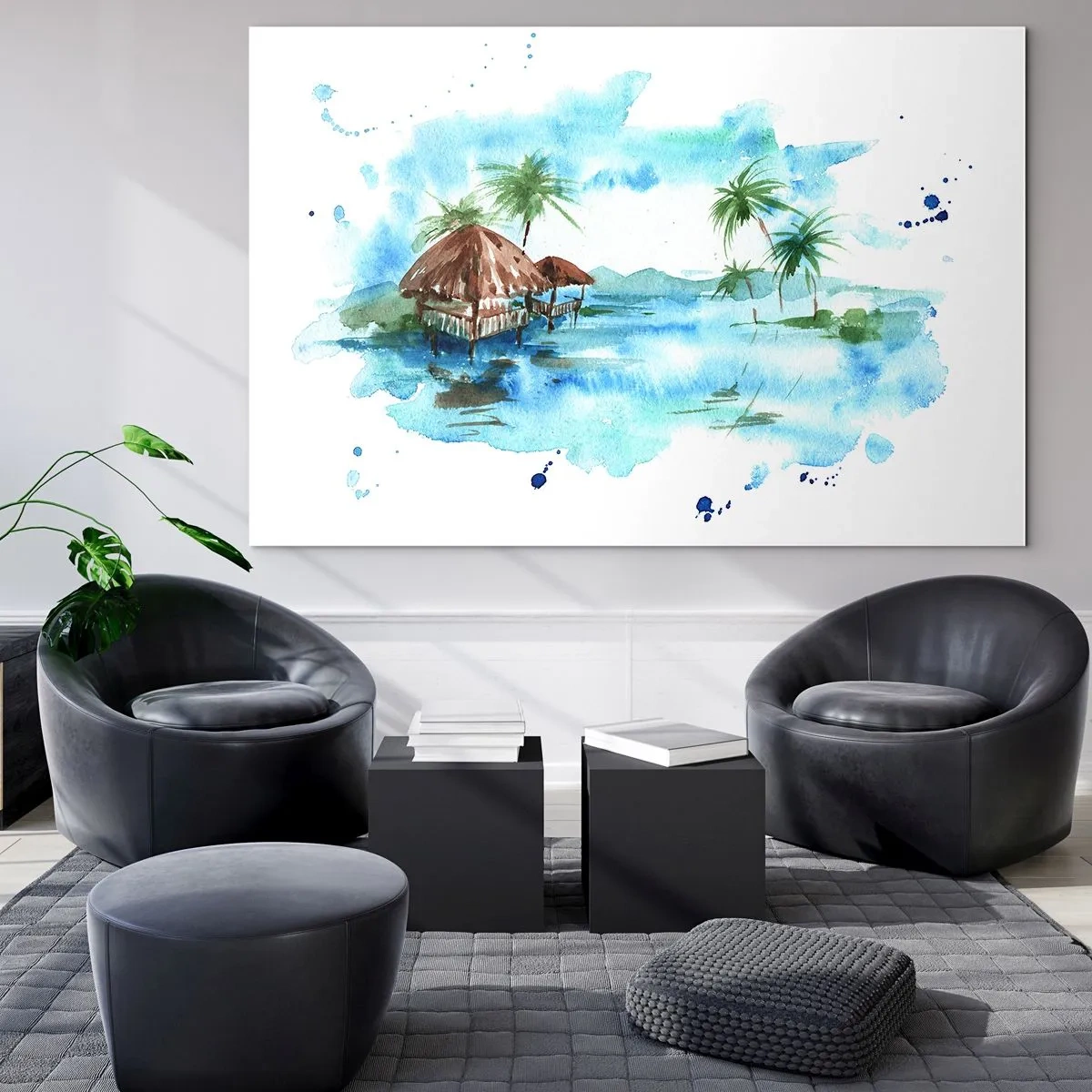 Impression sur verre - Image sur verre - Paysage tropical avec des palmiers et un chalet de style aquarelle - 100x70cm - Quelque part dans le Pacifique - Décoration murale moderne pour le salon et la chambre ARTTOR
