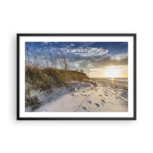 Affiche dans un cadre noir - Poster - Dunes avec de l'herbe et des empreintes de pas dans le sable au coucher du soleil - 70x50cm - Invitation à la ballade - Décoration murale moderne pour le salon et la chambre ARTTOR