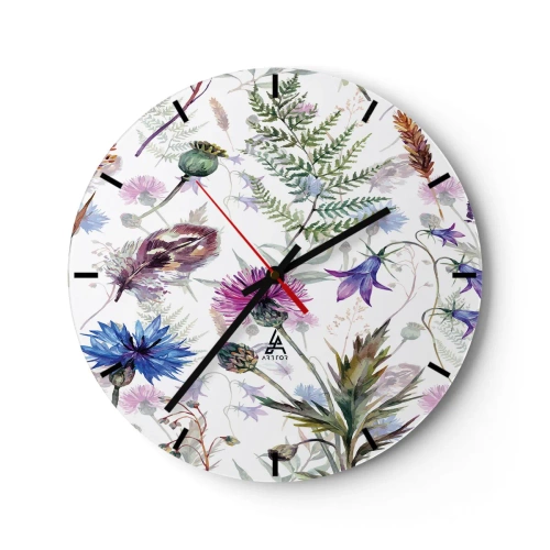 Horloge murale - Pendule murale - Un motif délicat avec des fleurs sauvages et des feuilles sur fond blanc - 30x30cm - Herbier polonais - Décoration murale moderne pour le salon, la cuisine et la chambre ARTTOR