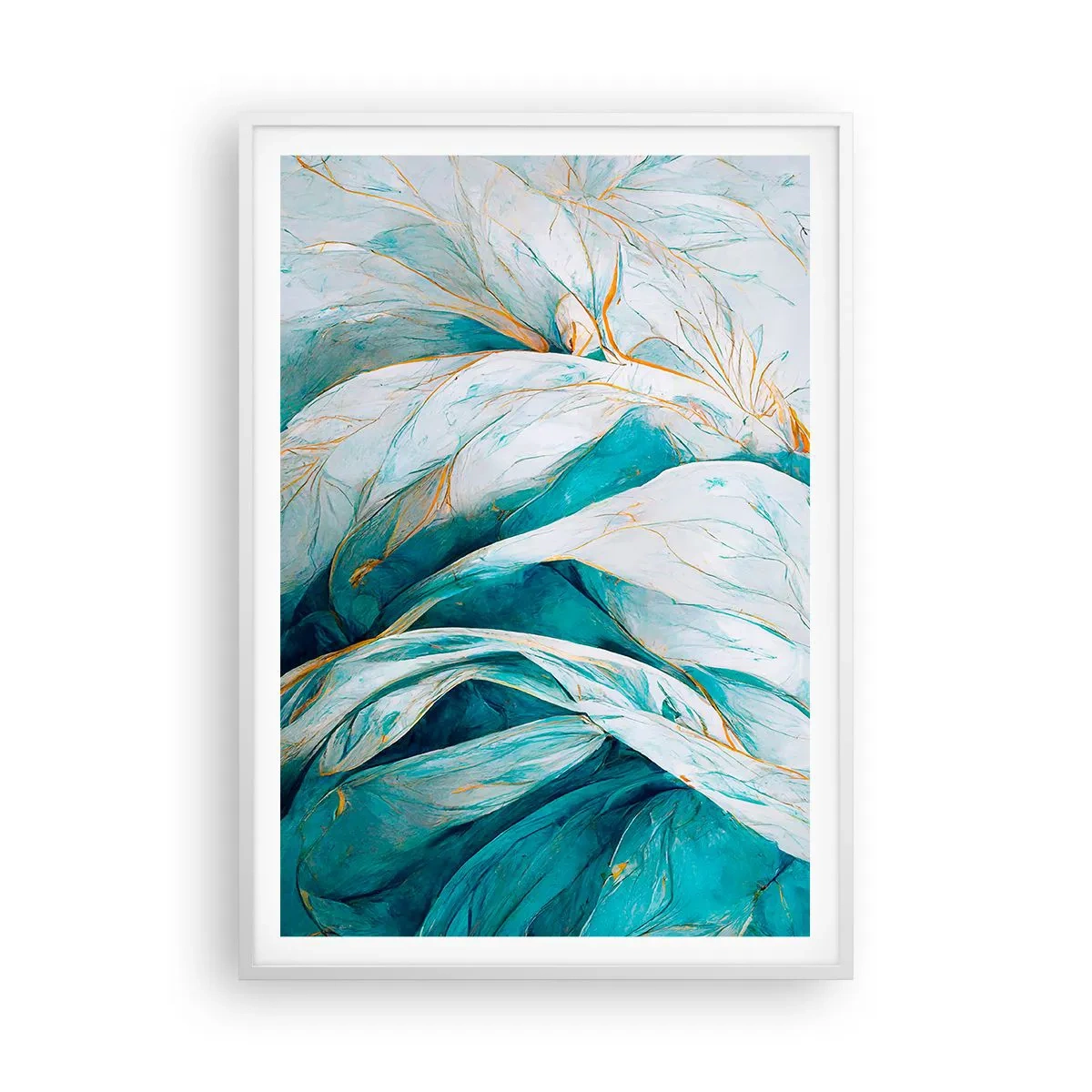 Affiche dans un cadre blanc - Poster - Abstraction bleue avec un motif doré - 70x100 cm