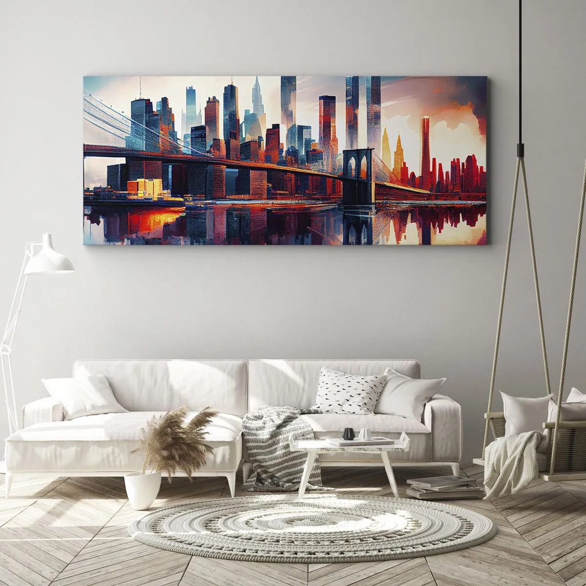 Impression sur toile - Image sur toile - Panorama de la ville de New York avec pont et reflet dans l'eau - 140x50cm - New York onirique - Décoration murale moderne pour le salon et la chambre ARTTOR
