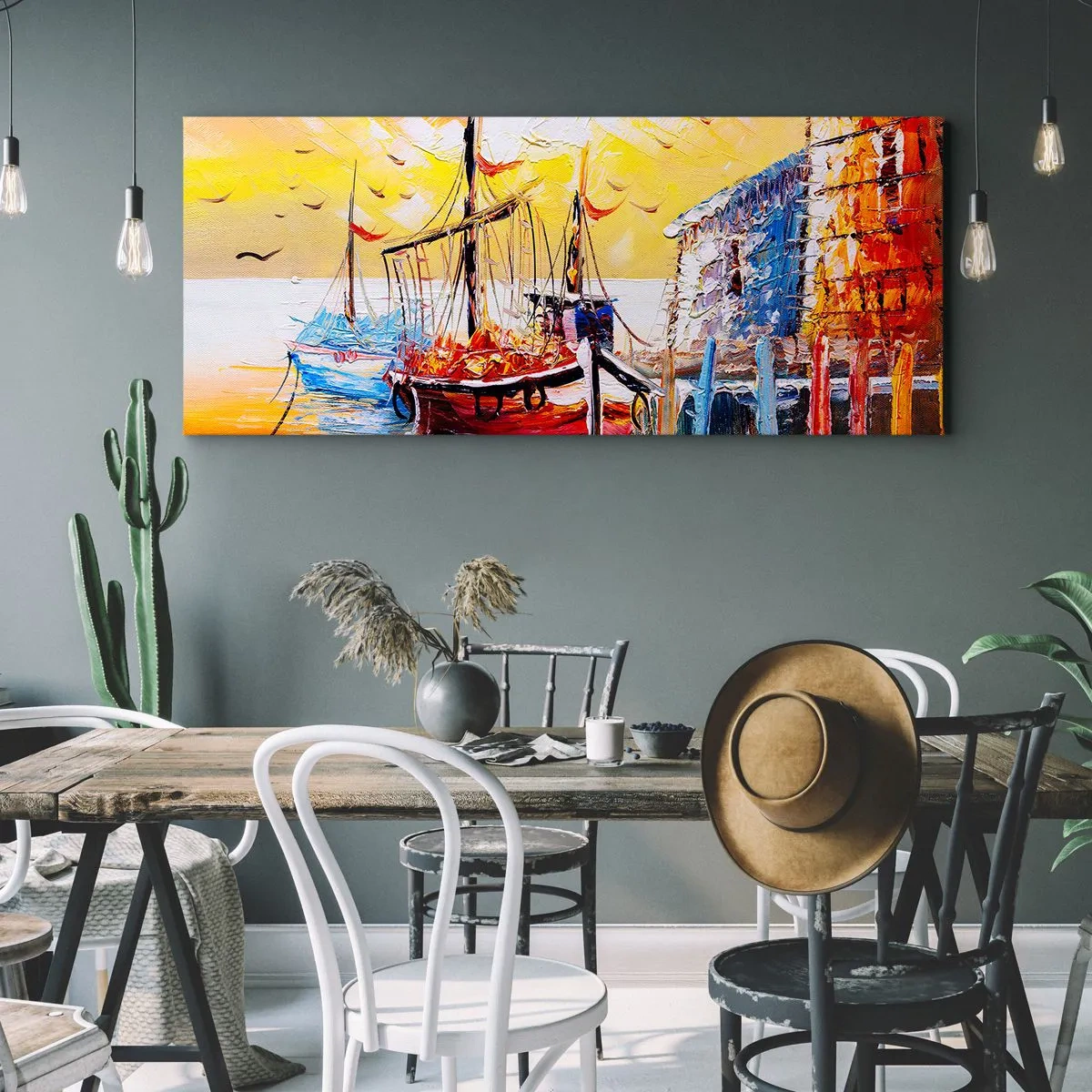 Impression sur toile - Image sur toile - Port pittoresque au coucher du soleil avec des bateaux de pêche - 160x50cm - Bon retour - Décoration murale moderne pour le salon et la chambre ARTTOR