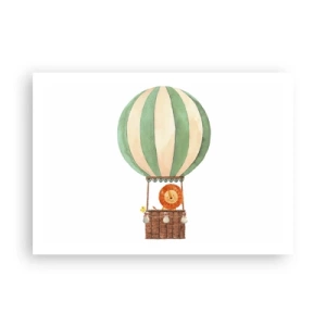 Affiche - Poster - Un ballon avec un lion souriant dans un panier aux couleurs pastel - 100x70cm - Les voyages de Léon - Décoration murale moderne pour le salon et la chambre ARTTOR